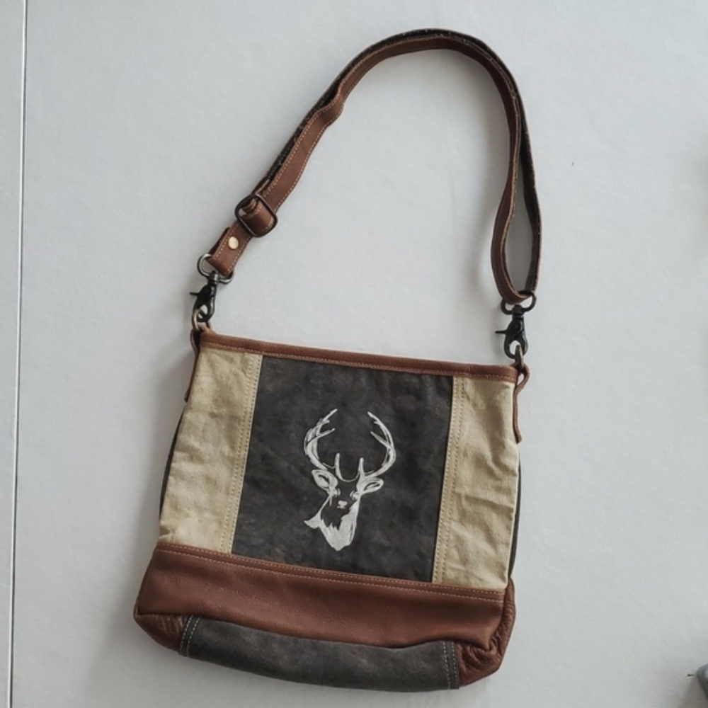 Myra Bag Reindeer Upcycled Canvas Leather Crossbody Bag